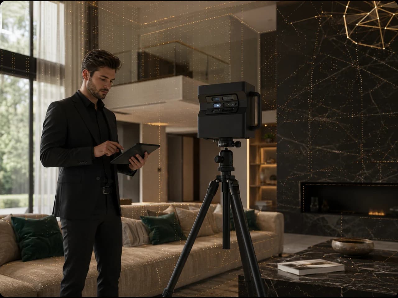 Operator TurViu scaneaza un living premium cu camera Matterport Pro, controland captura de pe tableta